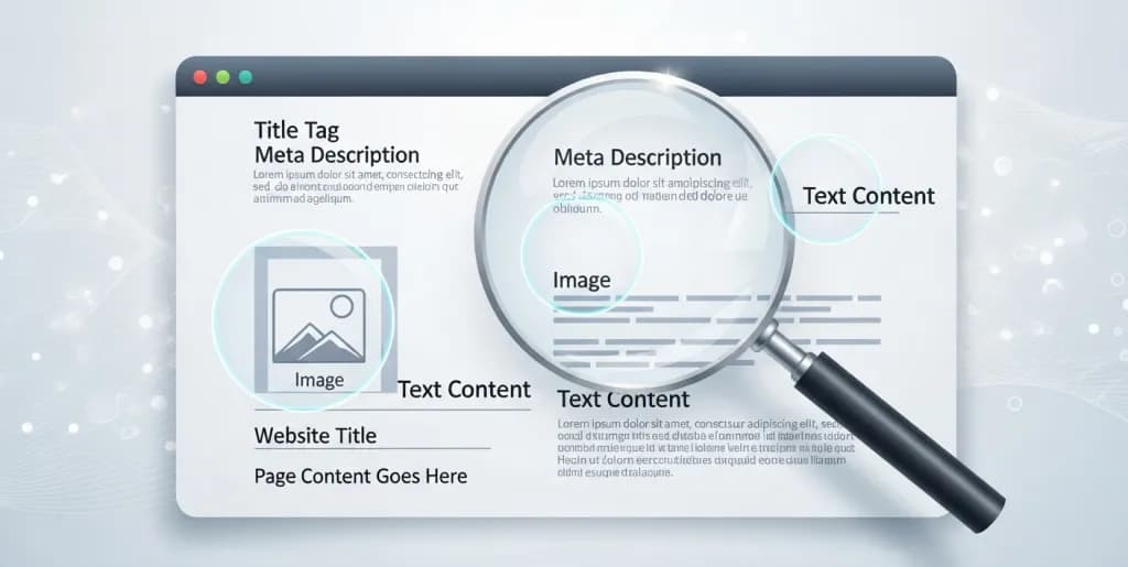 Digital illustration of a magnifying glass inspecting a website page's SEO elements on a search results background