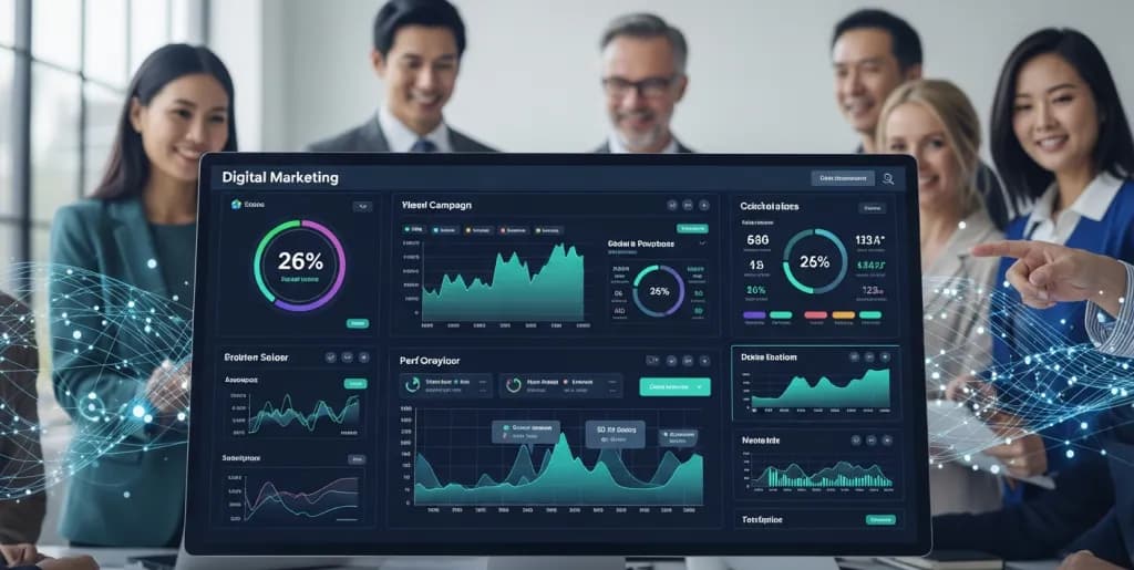 A sleek digital marketing dashboard showing AI insights and data, with diverse professionals collaborating in the background.