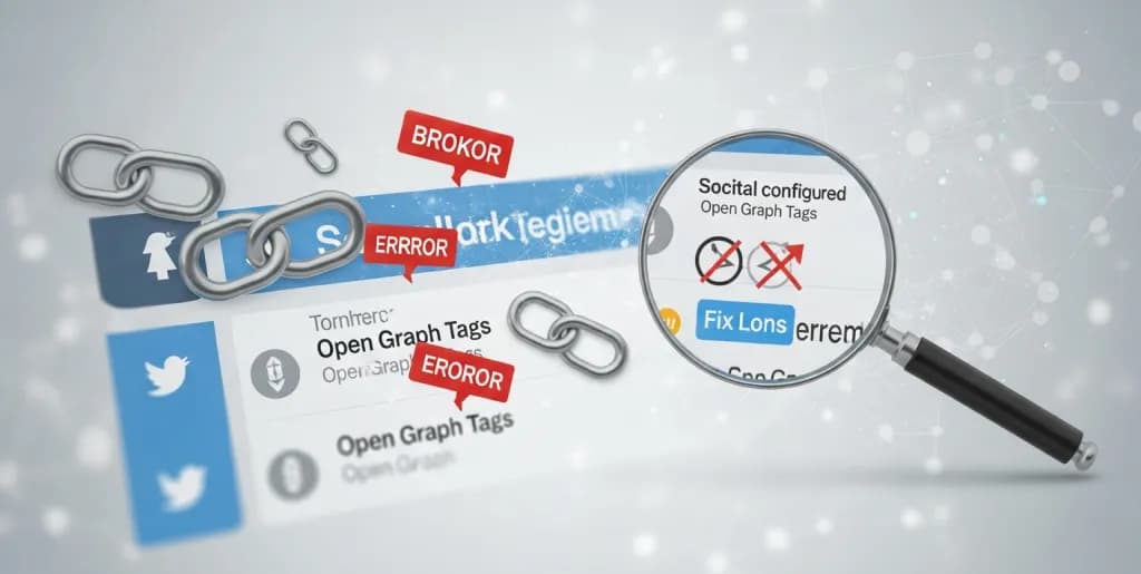 Digital graphic showing broken links and error symbols on a social media feed, with a magnifying glass focusing on correctly working Open Graph tags