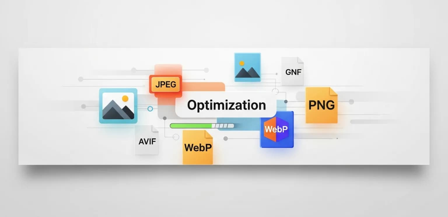 Digital illustration showing various image file formats like JPEG, PNG, WebP, and AVIF converging towards a central concept of website speed and optimization