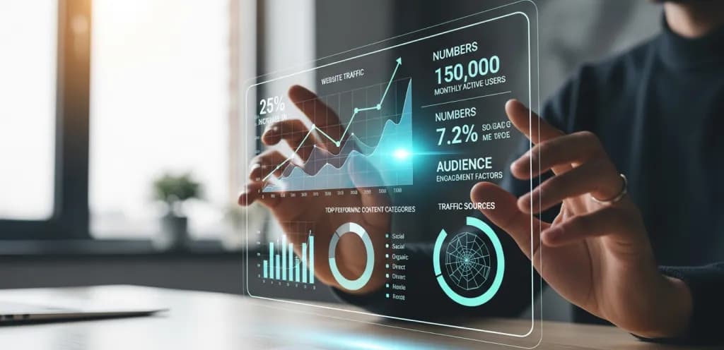 Hands interacting with a holographic dashboard showing content performance metrics and analytical data