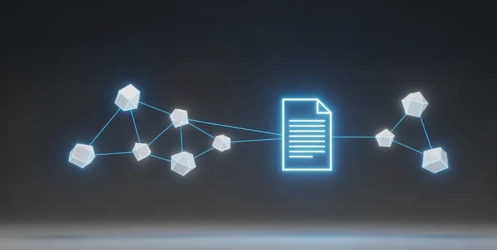 Abstract 3D illustration showing glowing data nodes connecting to a central document