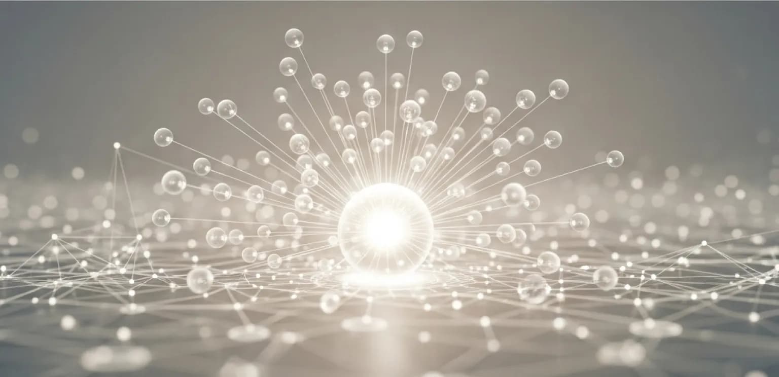 Abstract visualization of a central pillar page radiating interconnected content clusters, symbolizing SEO authority