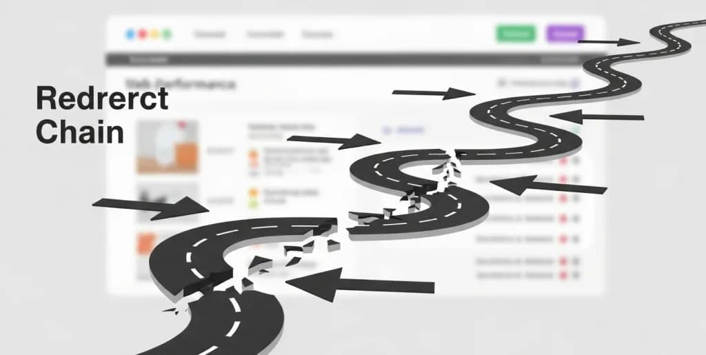 An illustration showing a series of interconnected arrows, forming a winding, broken path, symbolizing a redirect chain
