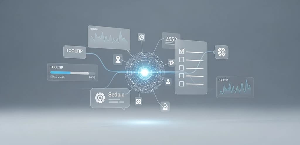 Abstract 3D visualization of a SaaS dashboard interface being constructed with onboarding elements like tooltips and checklists