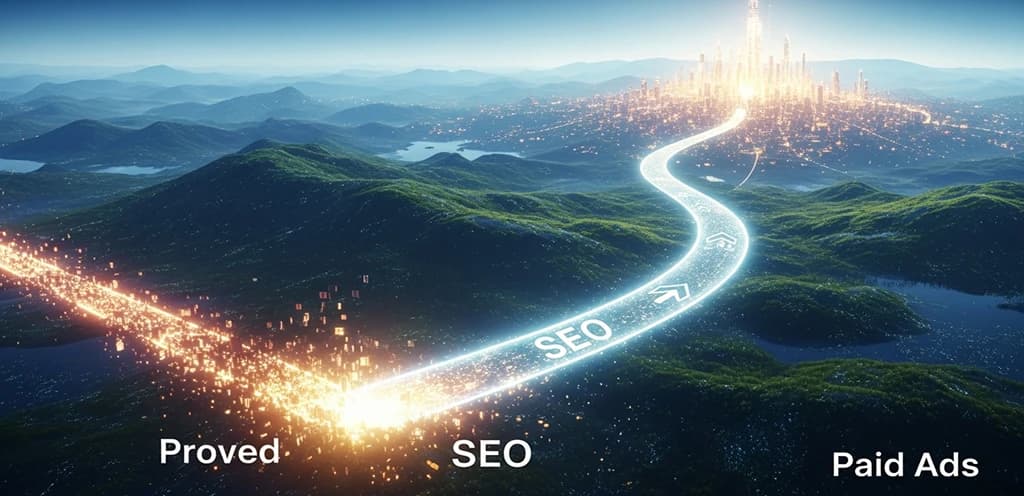 A visual metaphor depicting a long, sustainable path of SEO leading to future success