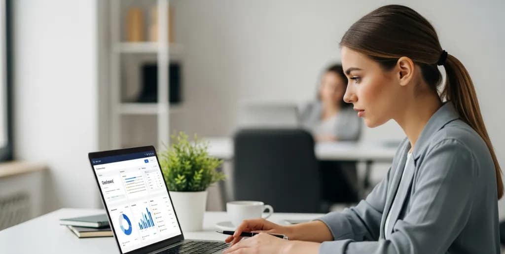 A focused startup founder efficiently managing tasks on a minimalist dashboard, symbolizing streamlined growth and clear strategy.