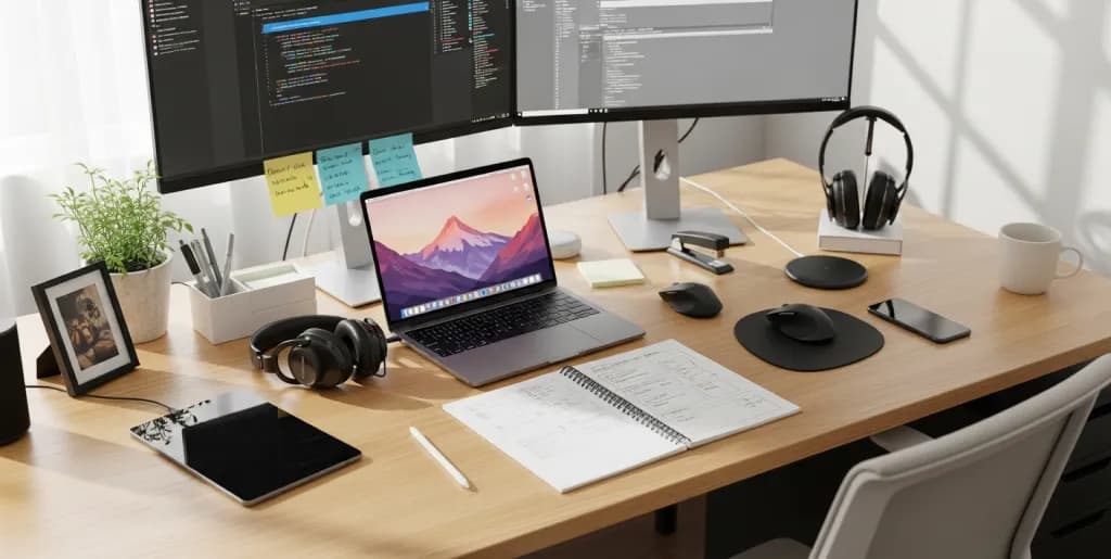 A professional workspace with a laptop and a structured checklist representing an SEO content strategy workflow