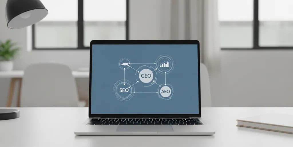A modern laptop displaying a conceptual diagram of digital marketing strategies on a clean office desk