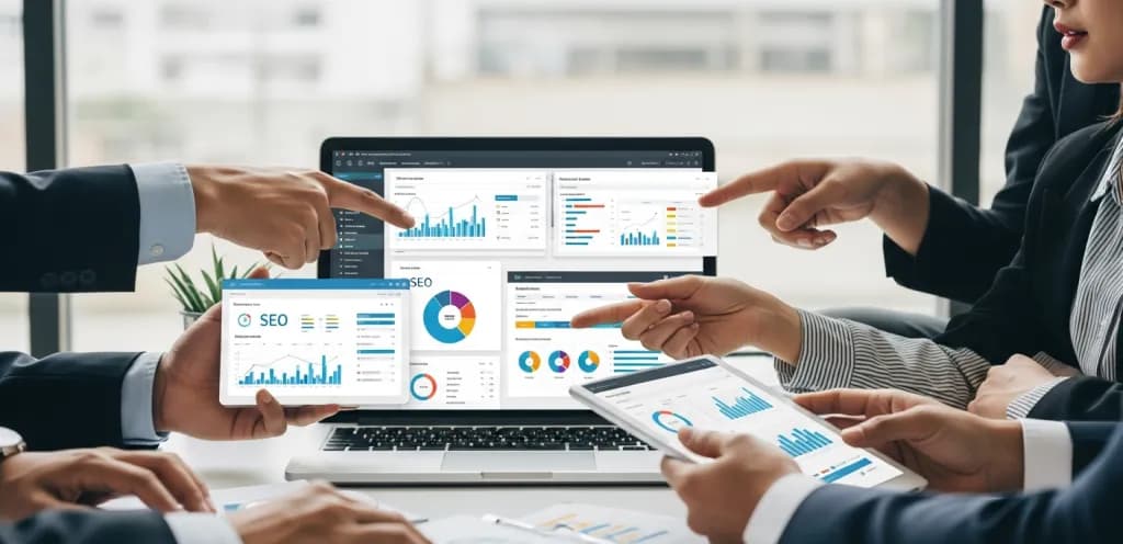 Agency team collaboratively analyzing SEO performance data on a laptop and tablet in a modern office