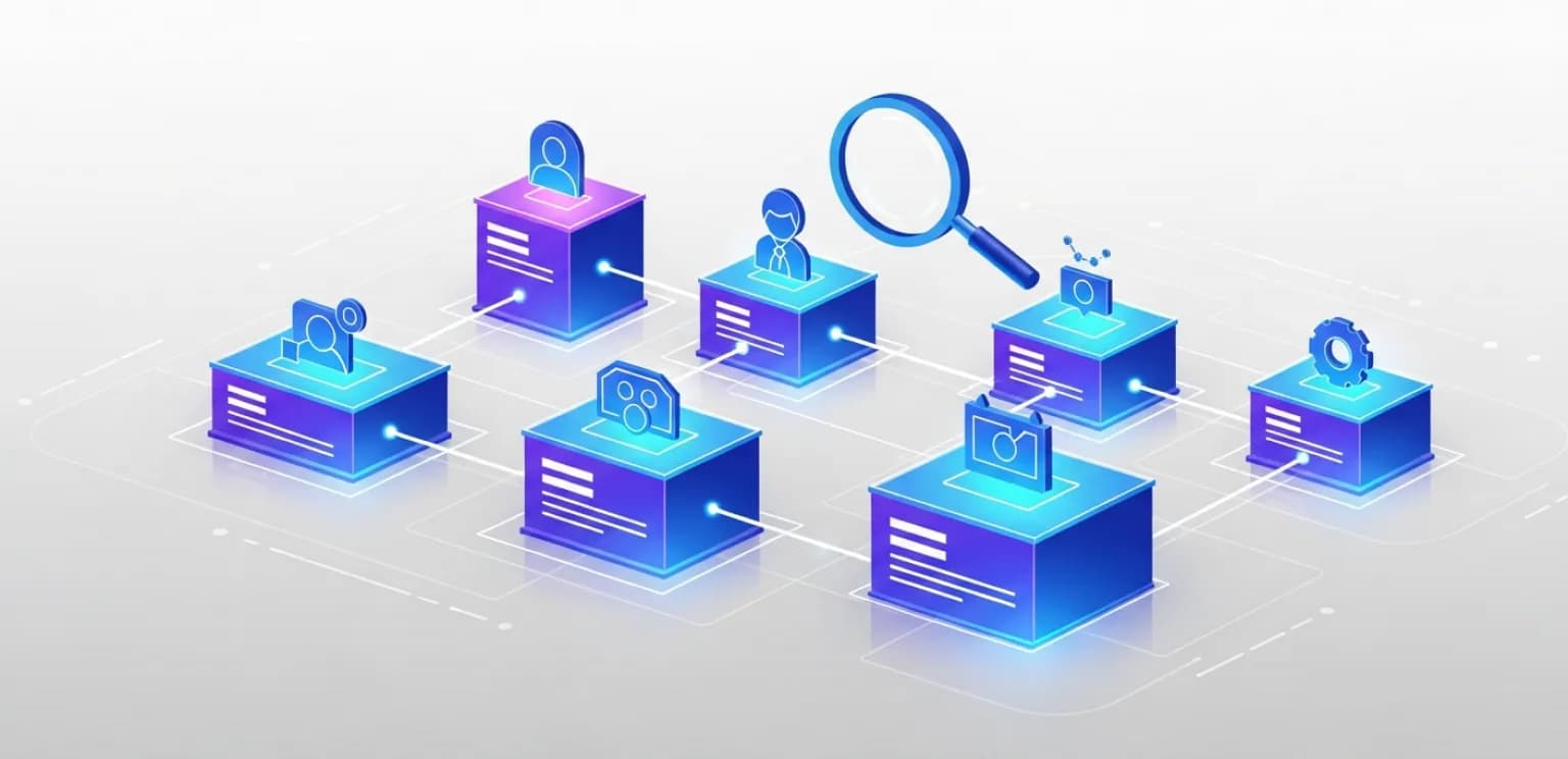 Abstract representation of a website's content architecture with distinct, organized silos for SEO