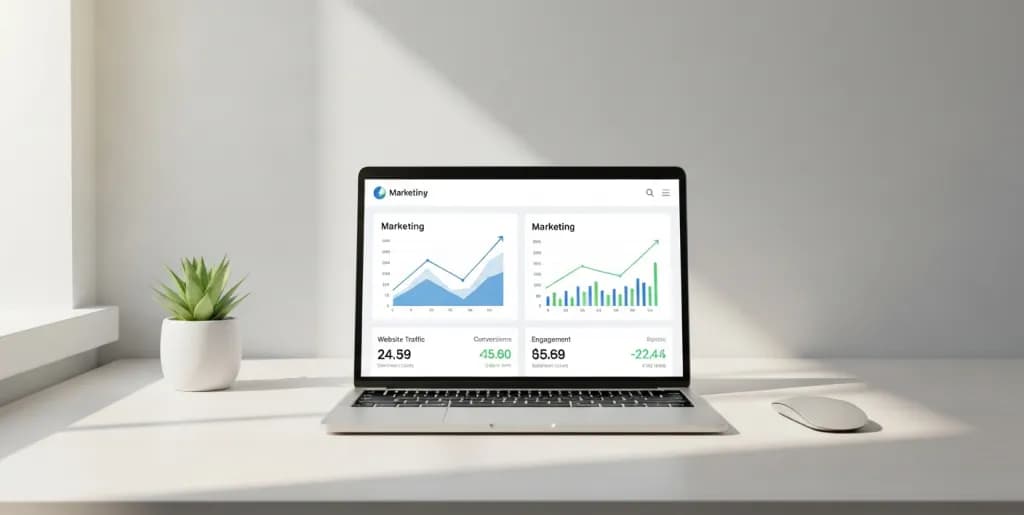 Modern minimalist workspace with a laptop displaying a marketing performance dashboard and rising growth charts