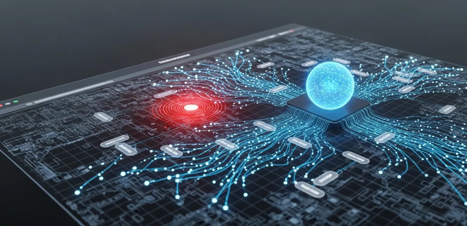 Digital interface showing AI detecting technical website errors on a wireframe structure