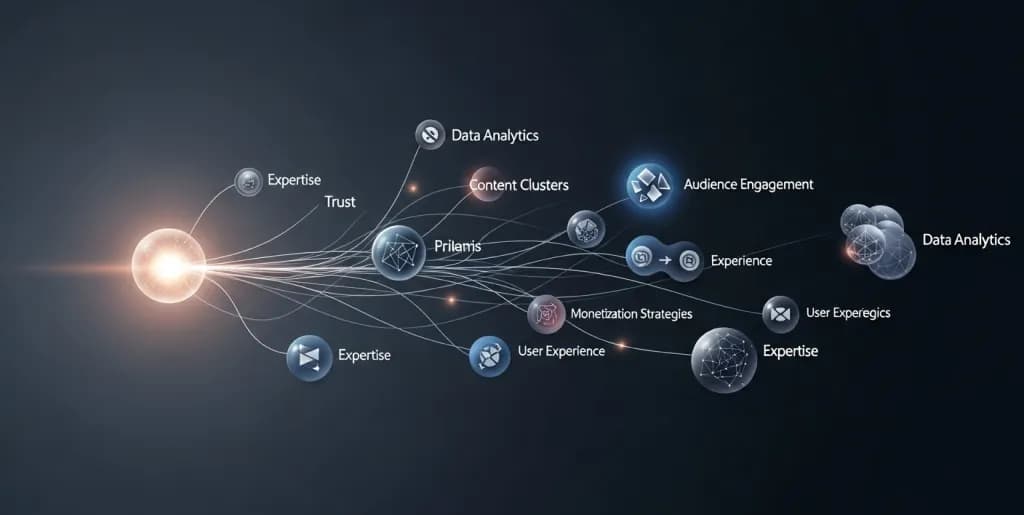An illustration showing a central knowledge hub with interconnected content branches, symbolizing comprehensive topical authority.