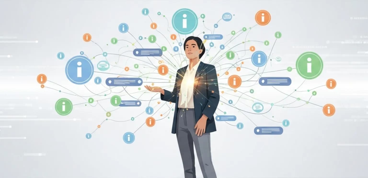 An expert figure stands confidently within a glowing network of interconnected digital content nodes and pathways