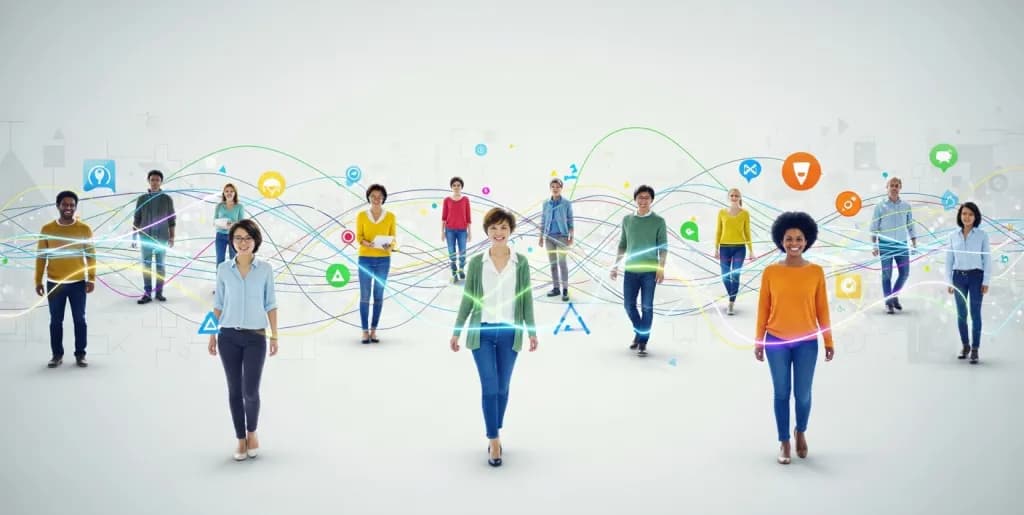 Diverse people connecting through glowing lines, symbolizing emotional resonance and digital community in vibe marketing