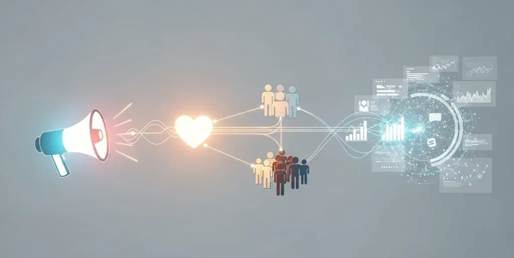 Digital illustration of glowing lines connecting marketing elements like a megaphone, heart, and people, symbolizing vibrant brand connection.