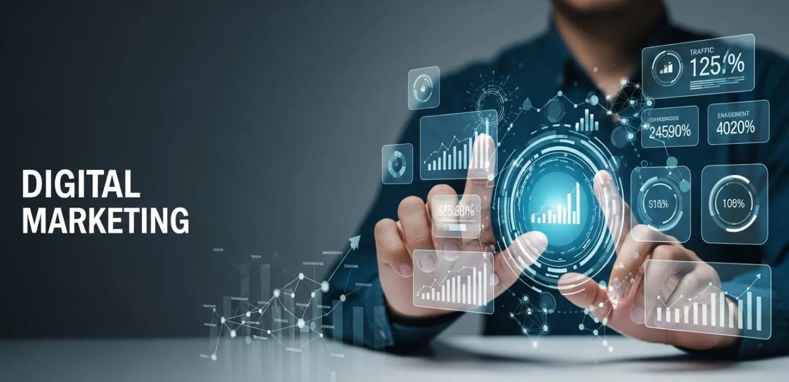 Digital marketing dashboard showing website growth metrics, with hands interacting with a holographic screen