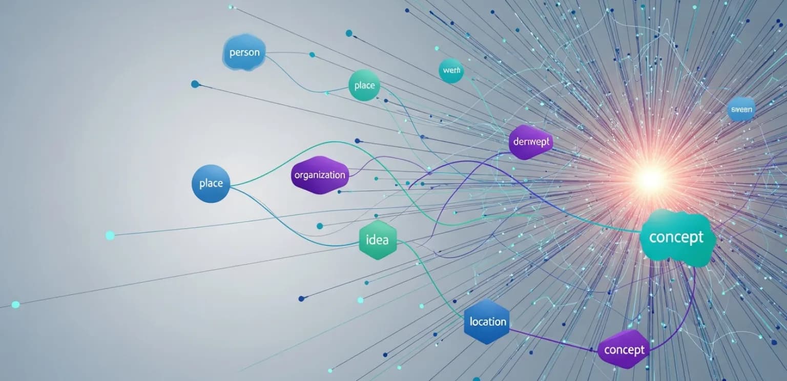 An abstract illustration showing a network of interconnected digital entities and their relationships in a semantic web