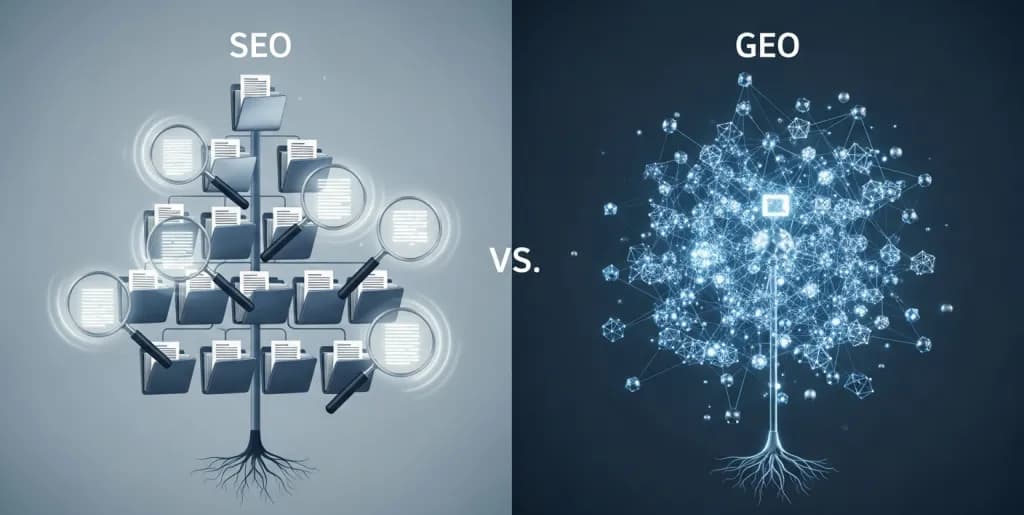 Split screen showing traditional search folders versus a glowing AI neural network