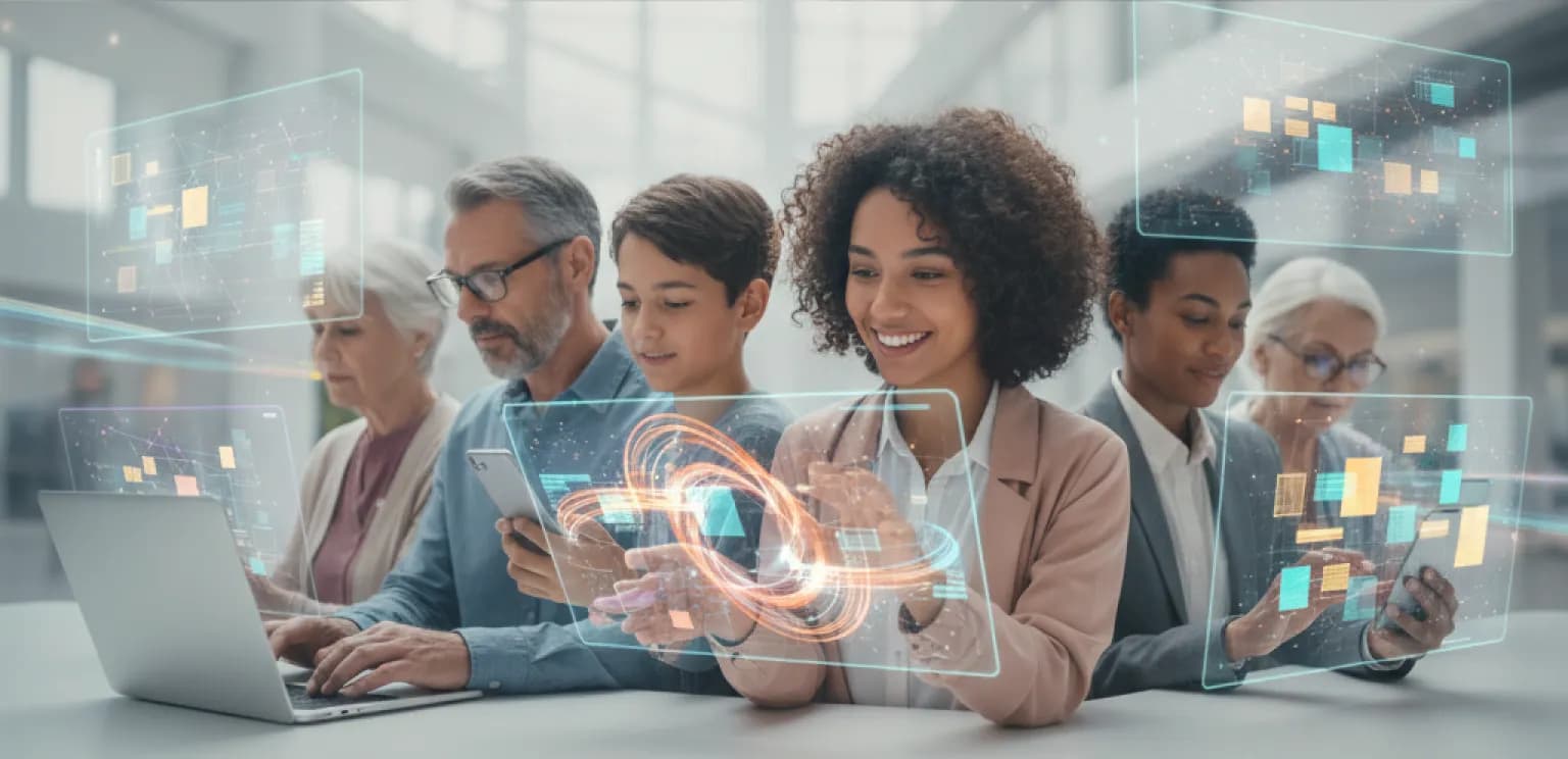 Illustration of a person interacting with a tablet, surrounded by interconnected digital advertising icons and data visualizations