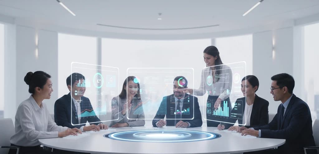 Photo of people sitting at the table and interacting with tablets