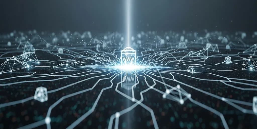 Abstract network showing data connections with a glowing website icon highlighted by AI