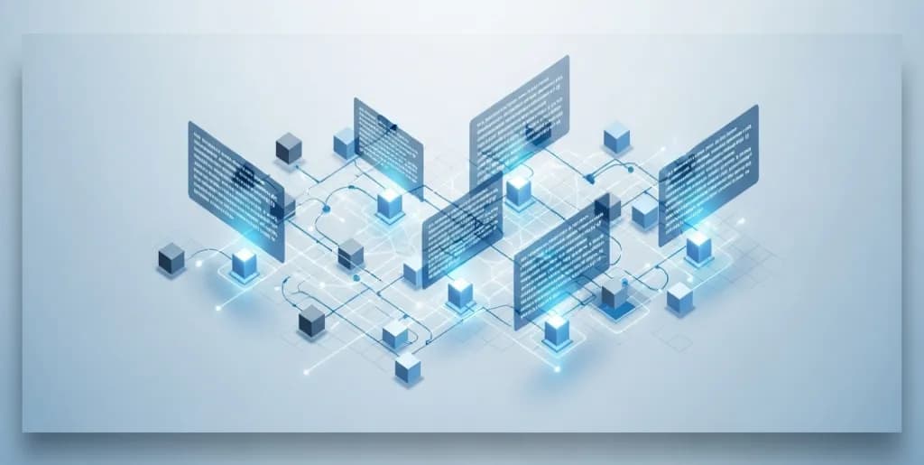 A 3D isometric illustration showing a digital website structure with nodes and XML code snippets