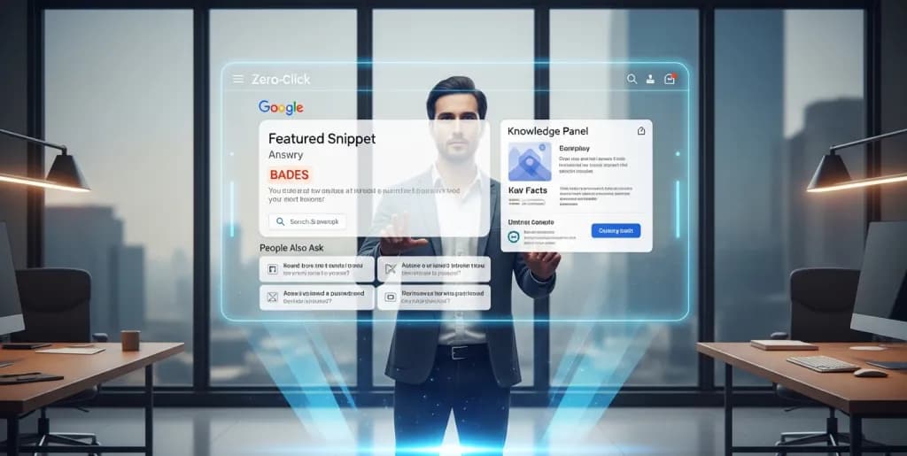 Startup founder analyzing a holographic Google search results page, focusing on zero-click features.