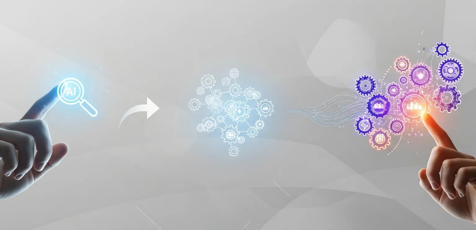 Illustration showing the progression from simple AI tools to complex, autonomous AI agents in a marketing context