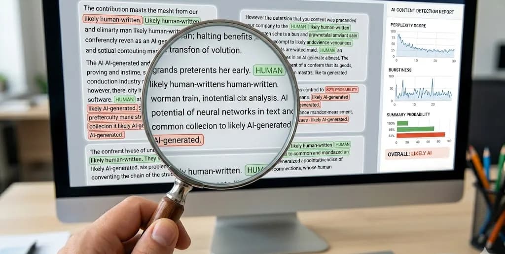 A magnifying glass examining text on a screen with AI detection indicators