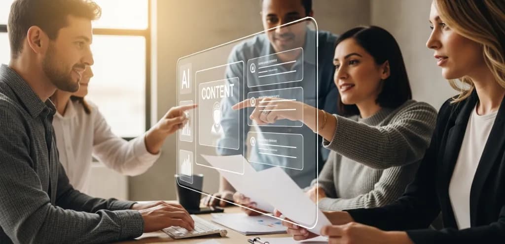 Marketing team collaborating with AI-generated content on a large screen in a modern office