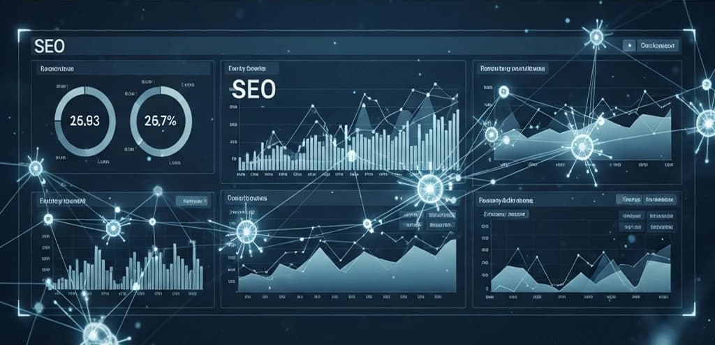 AI-driven dashboard showing real-time SEO data streams and complex metric analysis for daily audits
