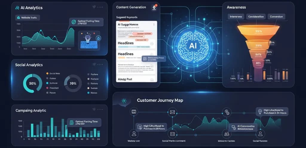 AI-powered marketing dashboard showing integrated SEO, content, and sales analytics for business growth