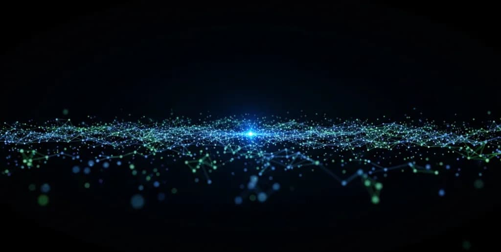 Abstract digital knowledge graph showing interconnected nodes and vector lines on a dark background