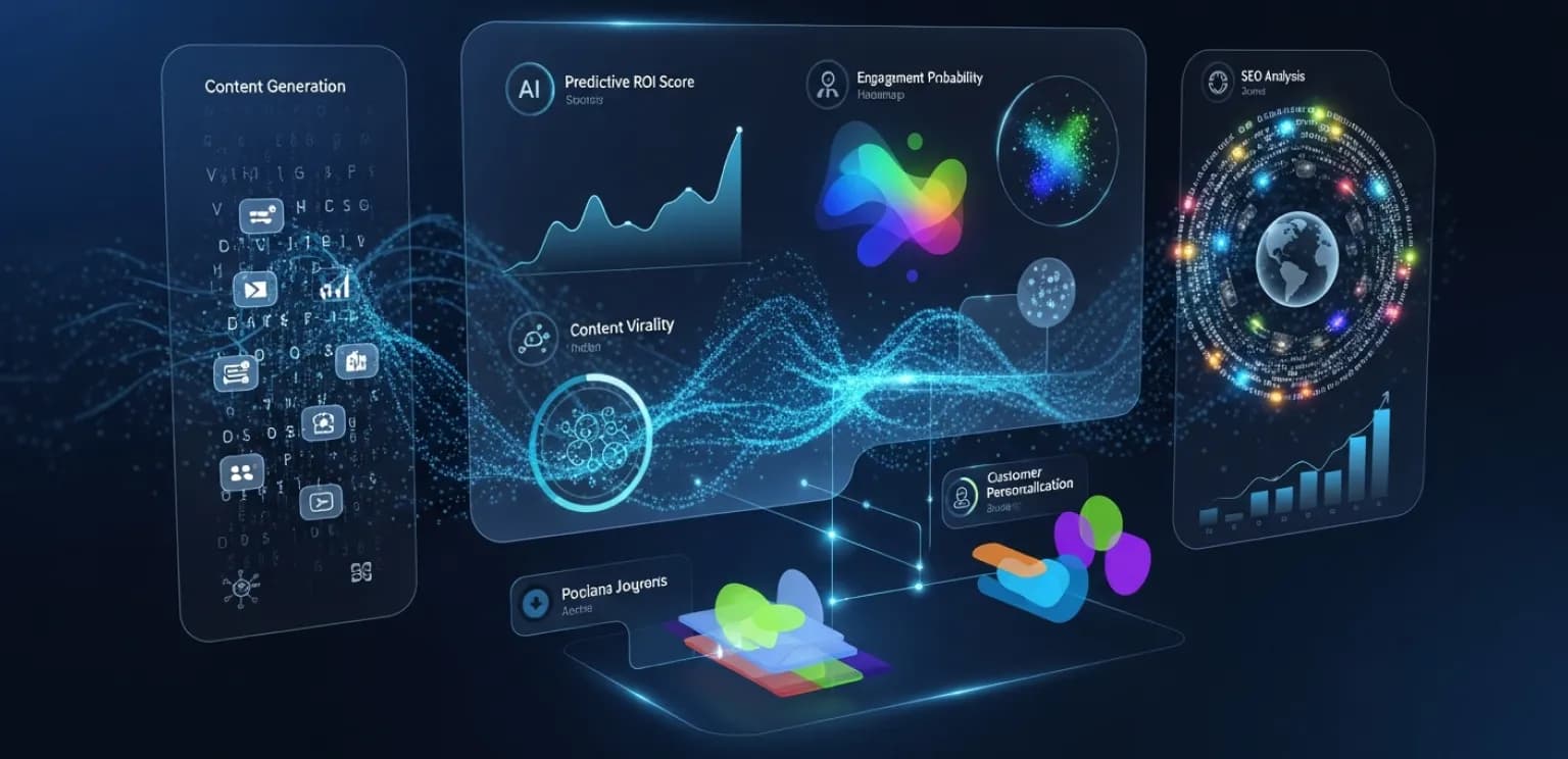 A sleek digital dashboard showcasing AI marketing tools, with graphs and icons representing content, SEO, and customer data