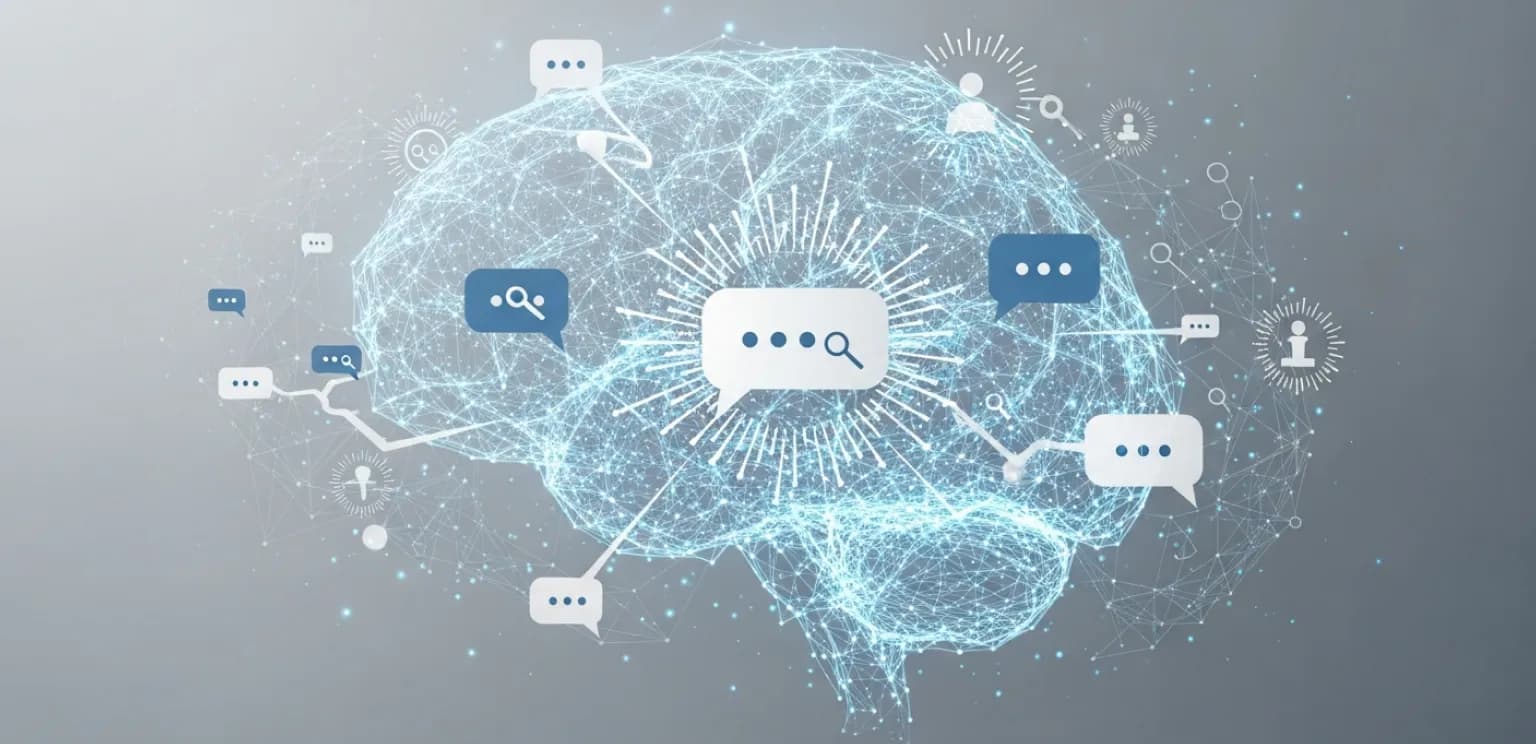 Abstract illustration of AI processing information, with glowing neural networks and conversational elements