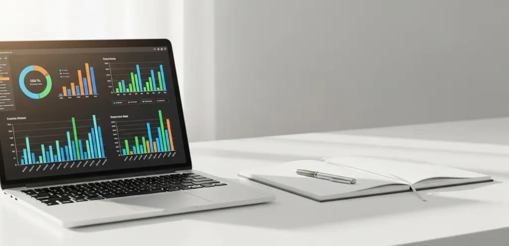 Laptop screen showing colorful data charts and comparative graphs for SEO analysis on a clean desk