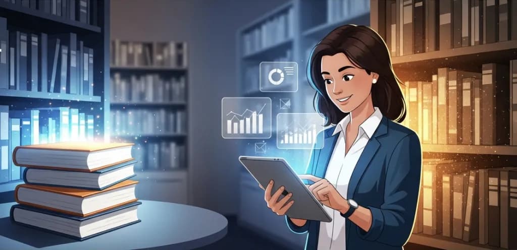 An illustration of a digital content library, showing glowing and dusty blog posts, with a person analyzing performance data