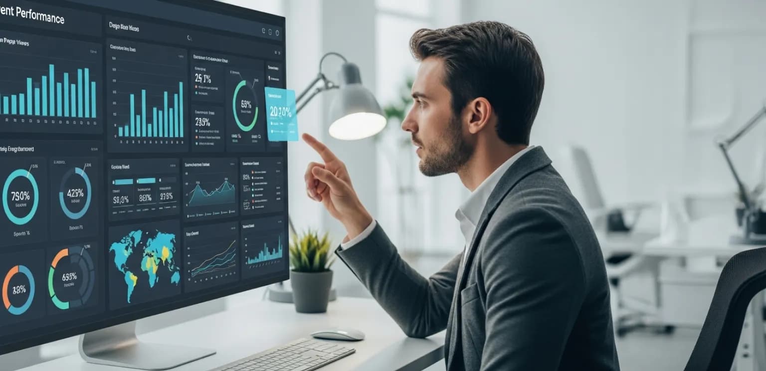 Person analyzing content performance metrics on a digital dashboard, reflecting strategic planning