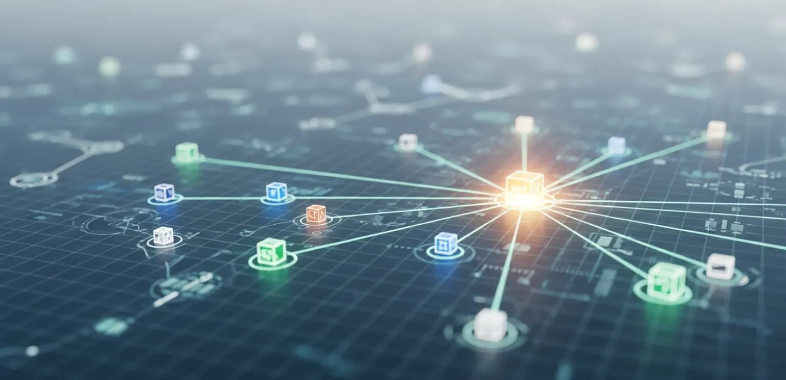 Digital illustration showing a central SaaS product connected by strong, relevant lines to authoritative websites