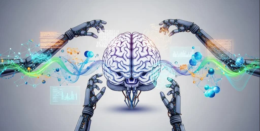 A brain and robotic arms working together on digital data, representing automated SEO audits