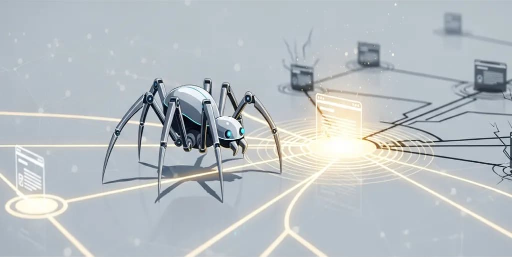 A digital spider robot efficiently crawling a website's interconnected pages, prioritizing bright, important content