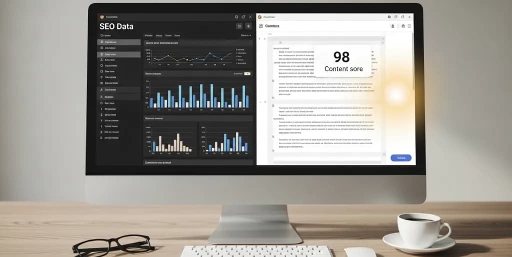 Computer screen showing SEO data metrics alongside a minimalist text editor with a high score