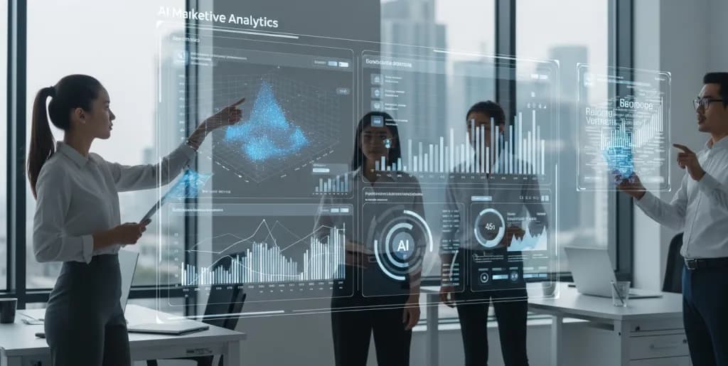 AI marketing dashboard with predictive analytics and content recommendations, showing human-AI collaboration