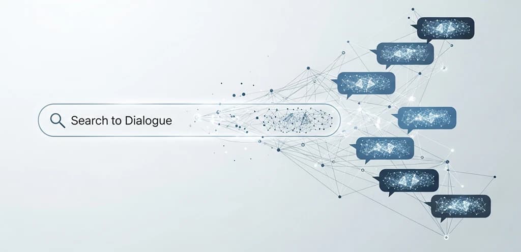 Abstract visualization of data nodes connecting to form a conversational AI search answer