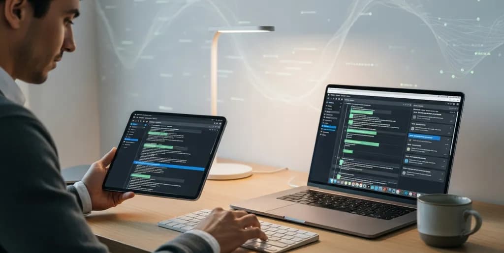 An editor reviewing AI-generated text, ensuring quality and accuracy in a modern digital workspace