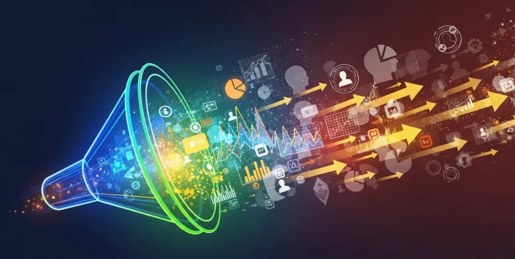 Abstract illustration of a conversion funnel, showing data points and user icons transforming into successful outcomes