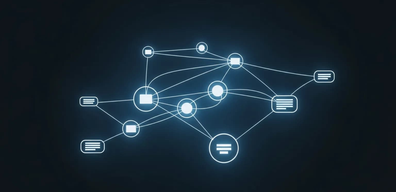 Abstract illustration of a website's interconnected internal linking structure, showing nodes and glowing lines