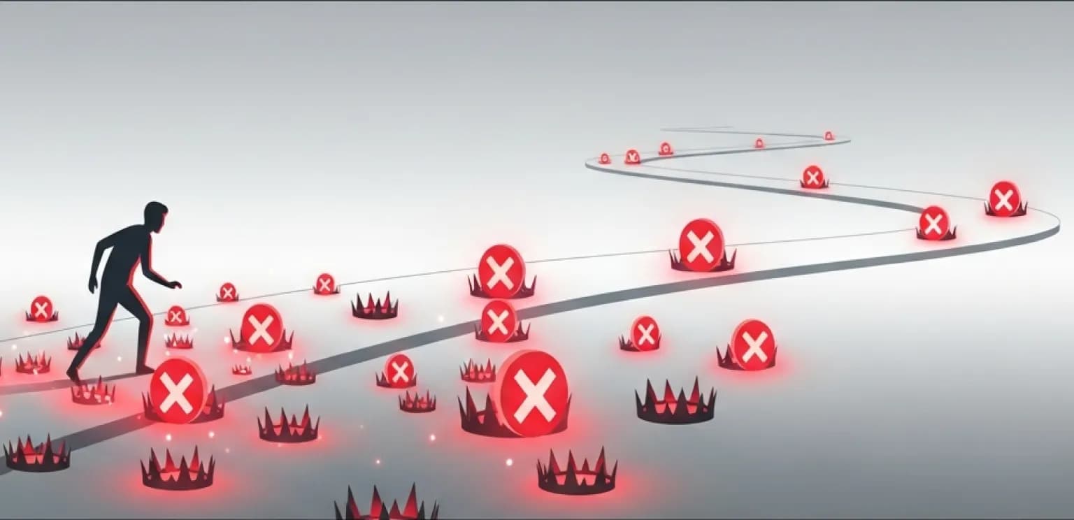 Digital minefield with red X markers symbolizing keyword stuffing, clean website path, user navigating carefully